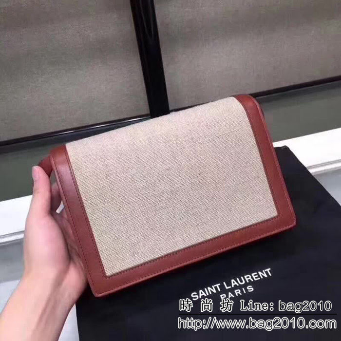 YSL聖羅蘭 米色亞麻帆布 幹邑色真皮挎包 正面翻蓋包 YAS1231